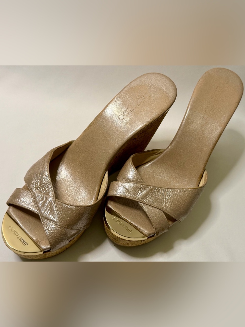 Jimmy Choo Metallic Rose Gold Leather Cork Wedge Sandals Size 38.5